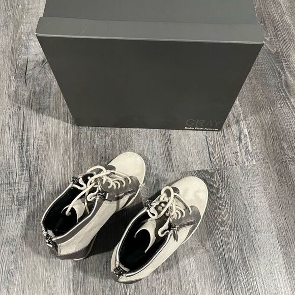 Gray for Saks Fifth Avenue Suede Leather Metallic Lace Up Wedge Booties sz 6.5 - Picture 5 of 15